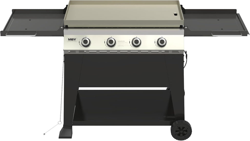 4 Burner Propane Grill with Rainproof Cover 32inch Outdoor Flat Top Griddle Foldable Side Table for Backyards Barbecue