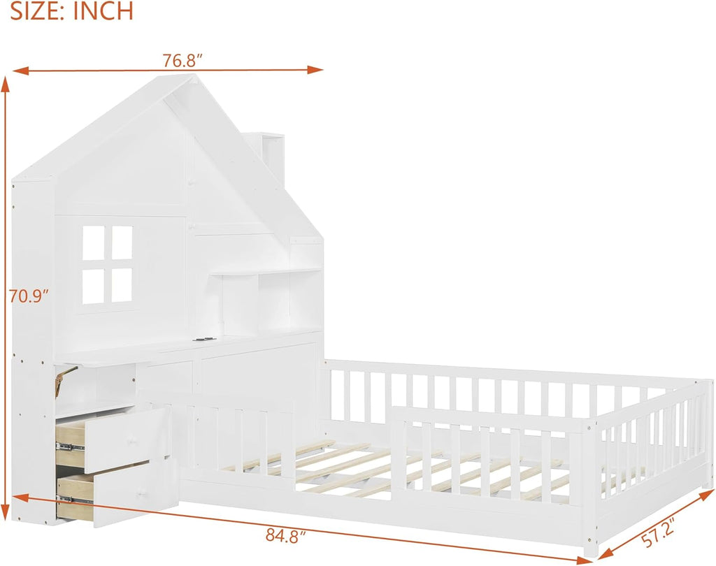 VilroCaz Full Size Kids Floor Bed with Safety Fence, Solid Wood Montessori Platform Bed with House Shape Headboard with Bedside Drawers, Shelves, Sockets and USB Port for Kids Boys Girls (White-LF)
