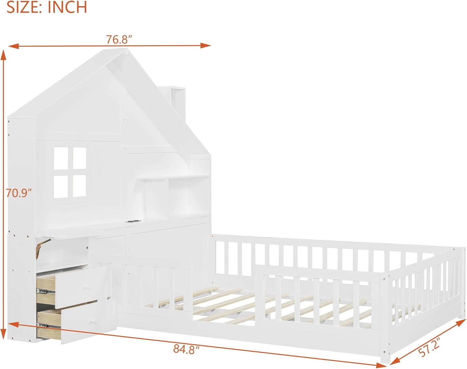 VilroCaz Full Size Kids Floor Bed with Safety Fence, Solid Wood Montessori Platform Bed with House Shape Headboard with Bedside Drawers, Shelves, Sockets and USB Port for Kids Boys Girls (White-LF)