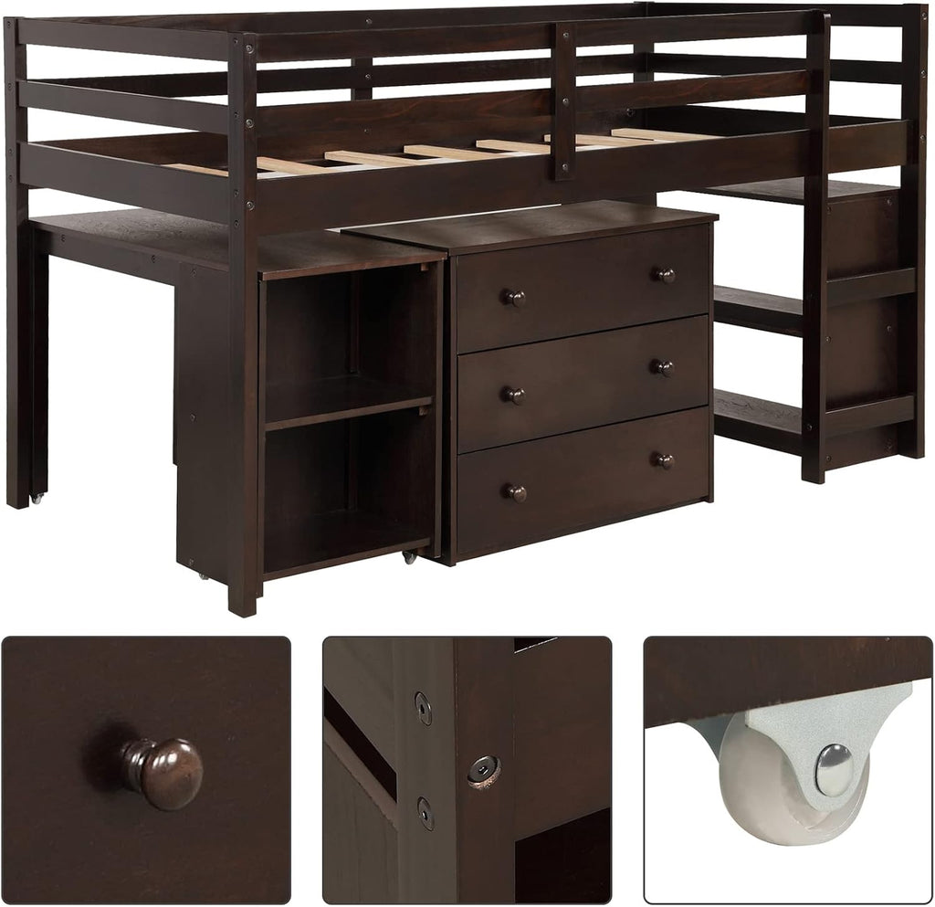 Bellemave Low Loft Bed Wood Loft Bed Frame with Storage Cabinet and Rolling Portable Desk for Kids and Teen, Boys, Girls, Twin,Espresso