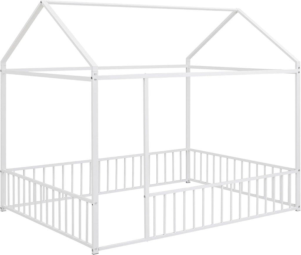 Bellemave Full Floor Bed Frame, Metal Montessori Floor Bed Full with Fence for Boys Girls Bedroom Playhouse for Kids No Slat, Easy Assembly House Shaped Floor Beds White