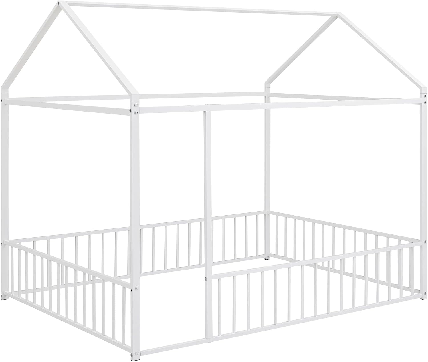 Bellemave Full Floor Bed Frame, Metal Montessori Floor Bed Full with Fence for Boys Girls Bedroom Playhouse for Kids No Slat, Easy Assembly House Shaped Floor Beds White