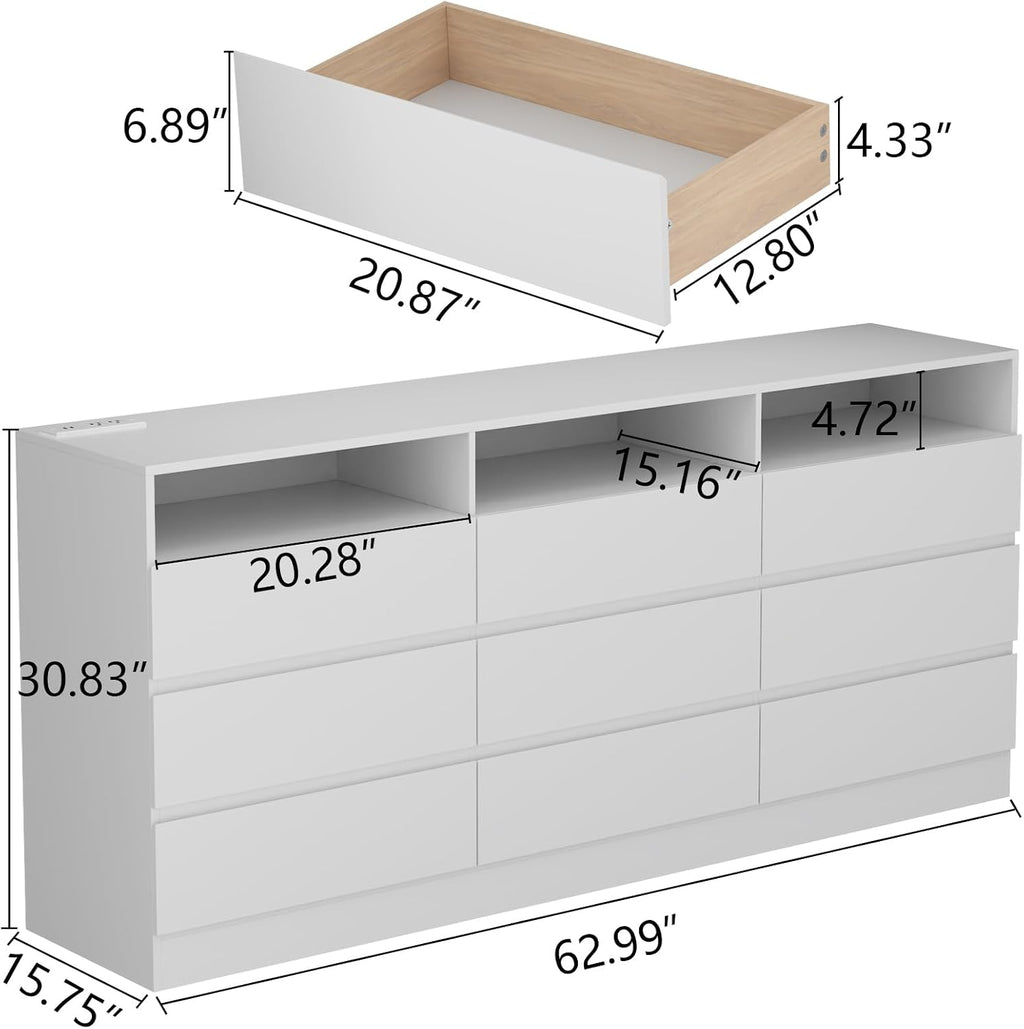 Gyfimoie 9 Drawer Double Dresser with Power Outlet, Accent Chests of Drawers with LED Light, Modern White Storage Dresser with Charging Station (Mirror Not Included) (9 Drawers-White)
