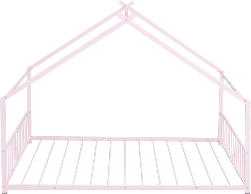 Bellemave Full Floor BedFrame with Slats for Kids, Metal Montessori Floor Beds, Full House Bed for Kids, Pink with roof