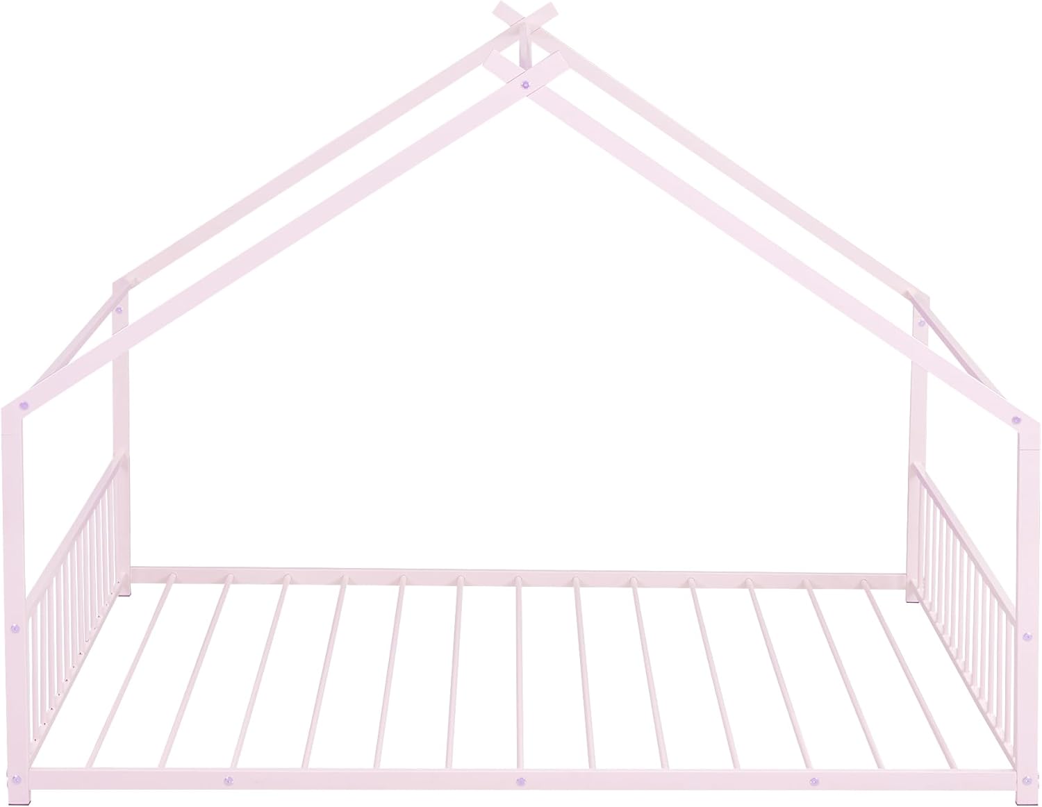 Bellemave Full Floor BedFrame with Slats for Kids, Metal Montessori Floor Beds, Full House Bed for Kids, Pink with roof