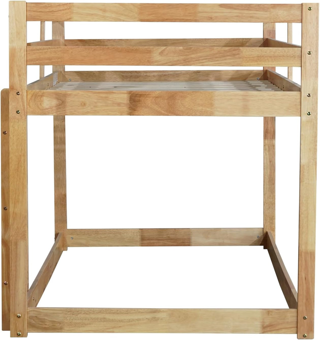 Bunk Bed Twin Over Twin, Floor Bunk Bed with Ladder, Safety Guard Rails, Heavy Duty Wooden Twin Bunk Beds Frame Low Bunkbeds No Box Spring Required, Natural
