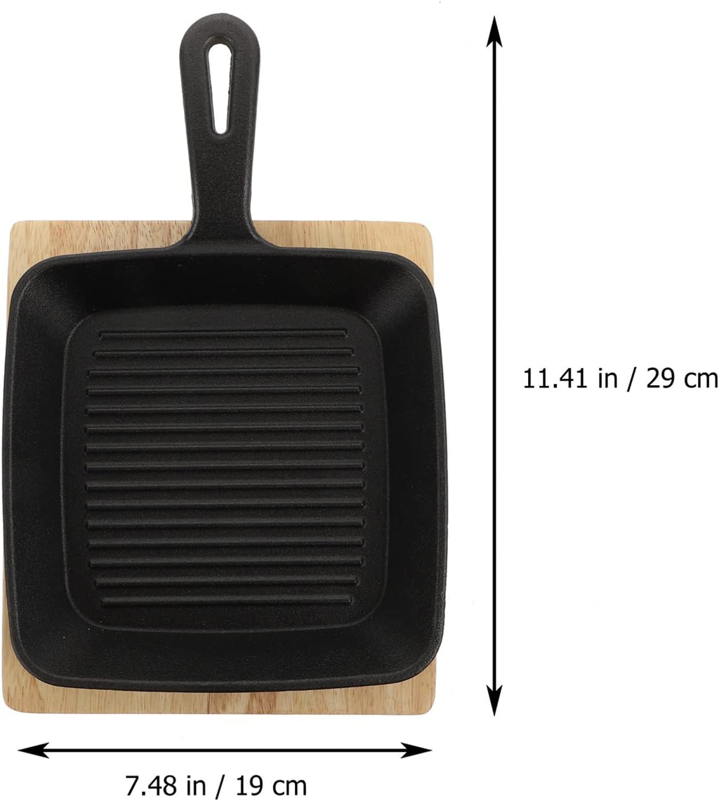 Grill Pan Frying Pan Steak Bacon Pan with Wooden Tray Deep Square Griddle Pan Iron Kitchen Grill Cookware for Steak Fish BBQ 2 Set Wok