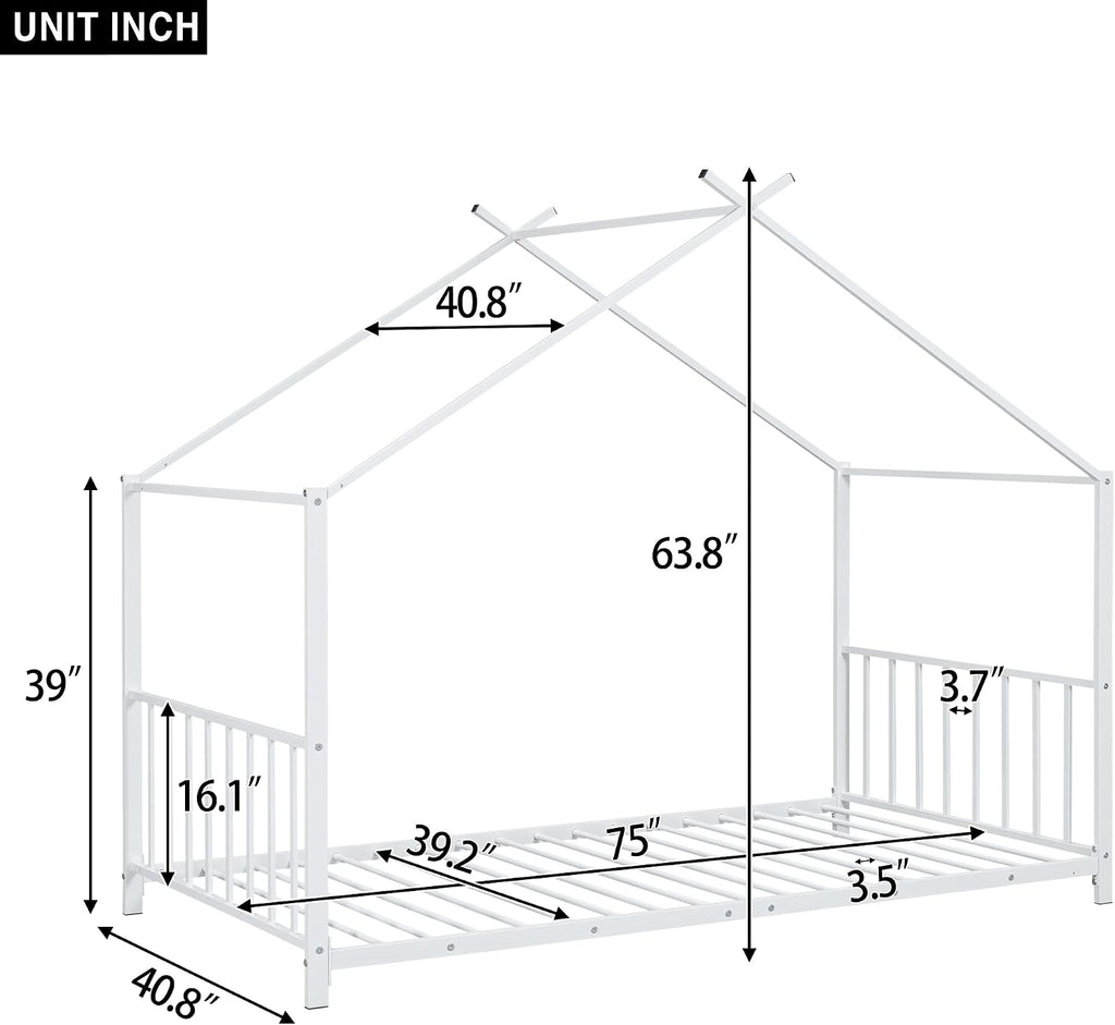 Bellemave Twin Size House Floor BedFrame for Kids, Metal Montessori Beds with slats, Twin House Beds for Kids Girls Boys, Wash White