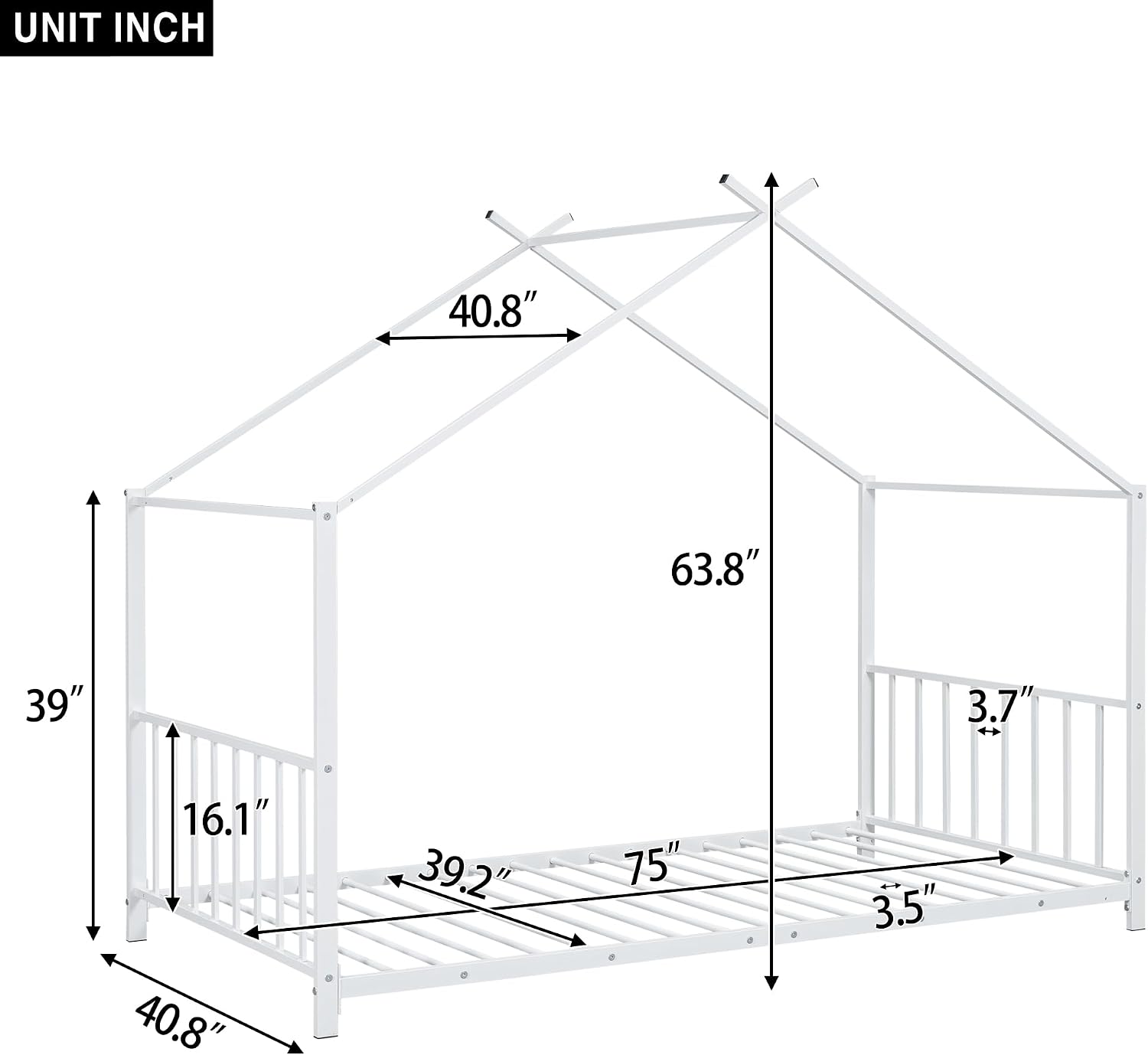 Bellemave Twin Size House Floor BedFrame for Kids, Metal Montessori Beds with slats, Twin House Beds for Kids Girls Boys, Wash White