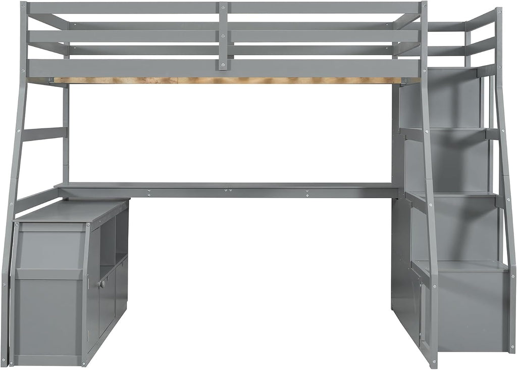 Bellemave Full Loft Bed with Desk & Storage Stairs Wood Loft Beds with Cabinet and 7 Drawers and 2 Shelves High Loft Bed Frame with Step for Kids, Juniors, Teen, Boys, Girls, Grey