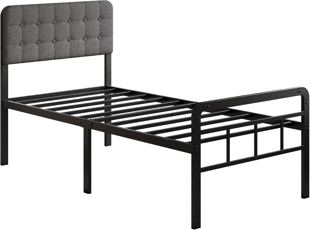18 Inch Twin XL Bed Frame with Upholstered Headboard and Footboard, Heavy Duty Metal Slats, with Under Bed Storage, No Noise, No Box Spring Needed, Easy Assembly, Black