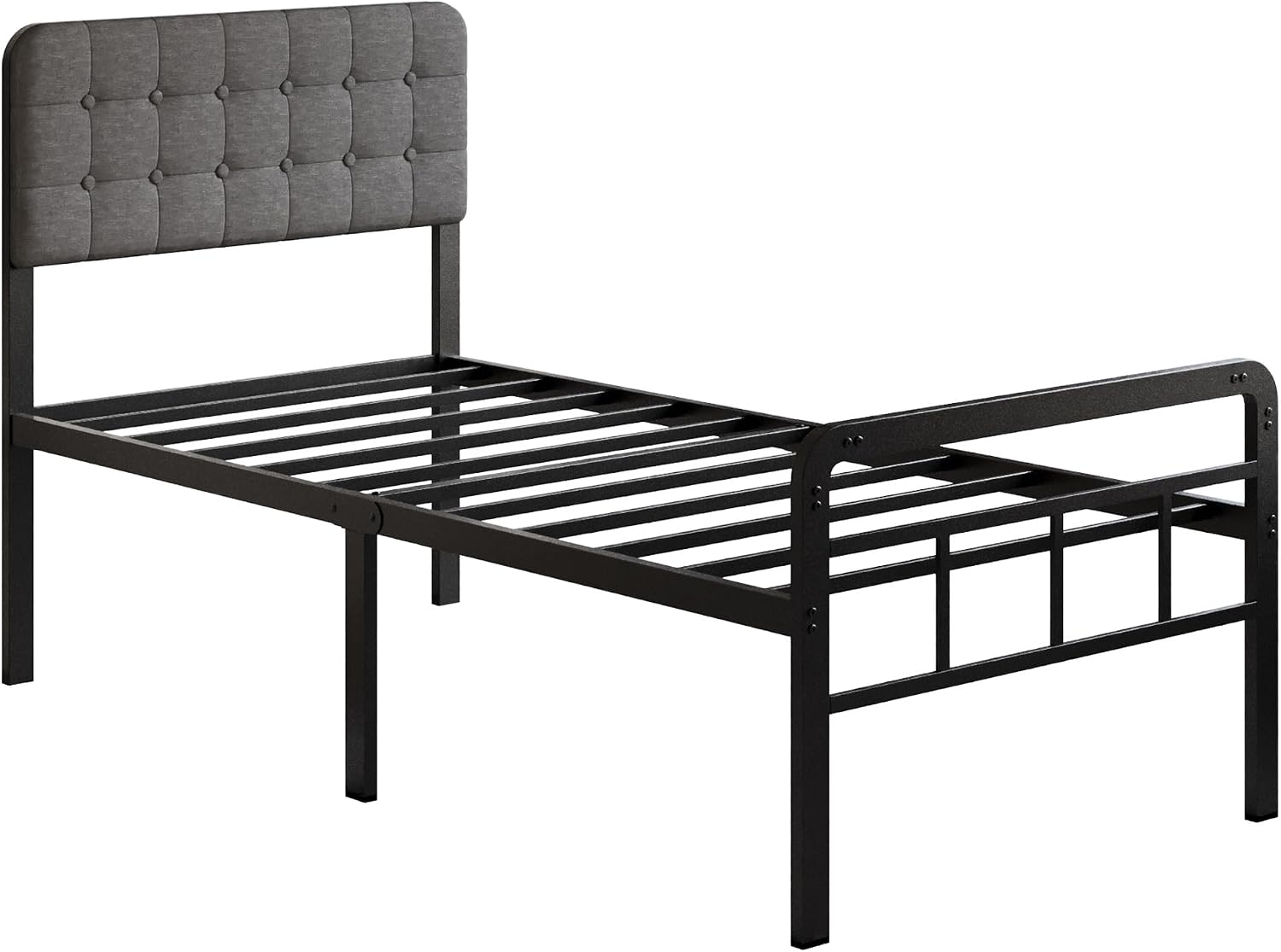 18 Inch Twin XL Bed Frame with Upholstered Headboard and Footboard, Heavy Duty Metal Slats, with Under Bed Storage, No Noise, No Box Spring Needed, Easy Assembly, Black