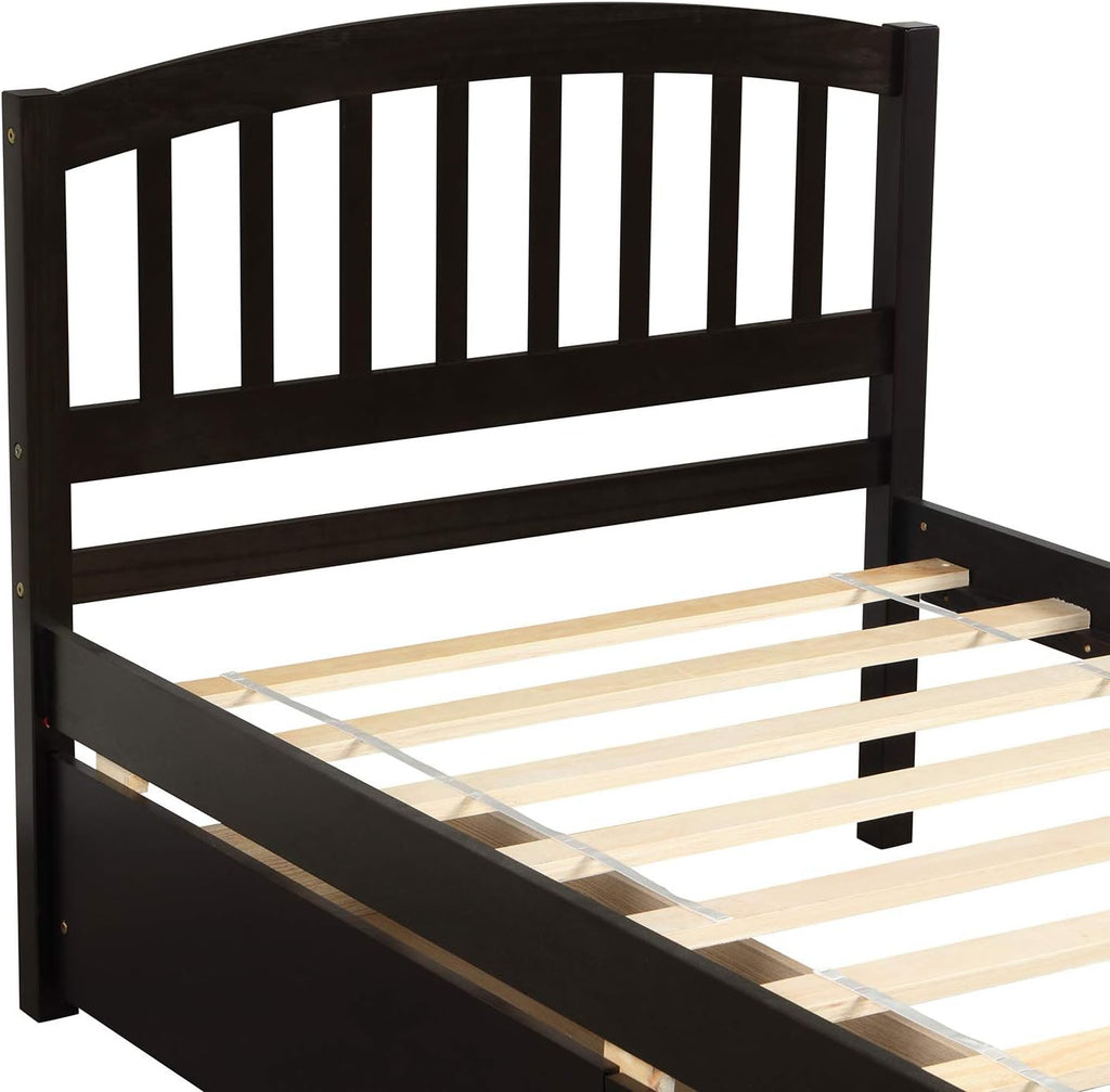 SOFTSEA Twin Platform Bed with Drawers, Solid Wood Bed Frame with Headboard Mattress Foundation No Box Spring Needed (Espresso)