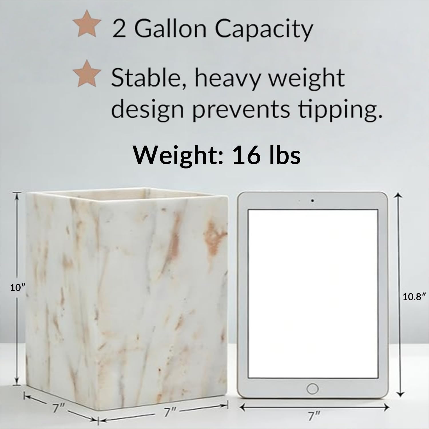 Natural Marble Waste Basket for Bathroom, Modern Gold and White Texture Rectangular Trash Can, Organic Stone Wastebasket Durable Waterproof Garbage Container Bin for Bedroom Living Room Office Kitchen