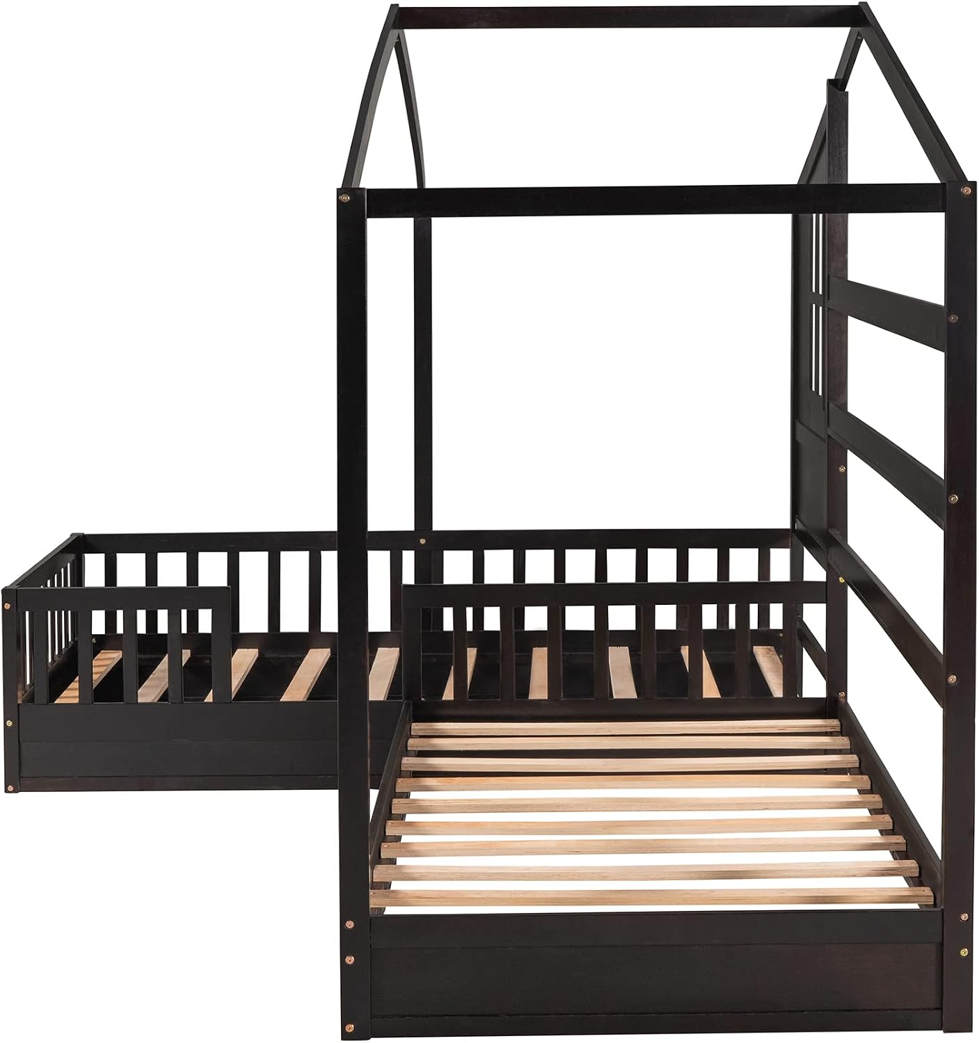 MERITLINE L Shaped Bed for 2 Kids, Twin House Bed, Wooden Double Twin Beds with Fence and Roof, Playhouse Bed, Corner Bed for Bedroom Furniture, No Box Spring Needed (Espresso)