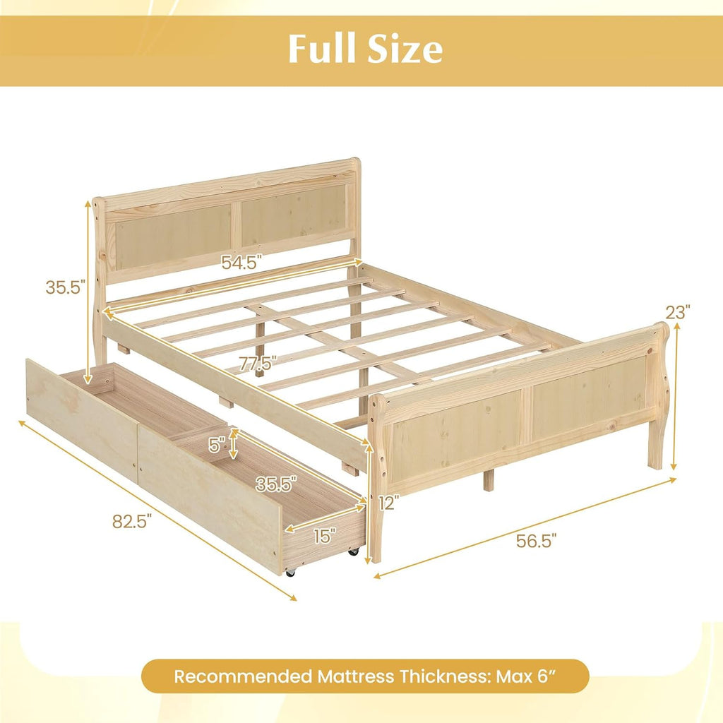 Giantex Full Bed Frame with 2 Storage Drawers, Wood Platform Bed with Headboard & Footboard, Wooden Slats Support Mattress Foundation, Sleigh Bedframe for Teens Adults, No Box Spring Needed (Natural)