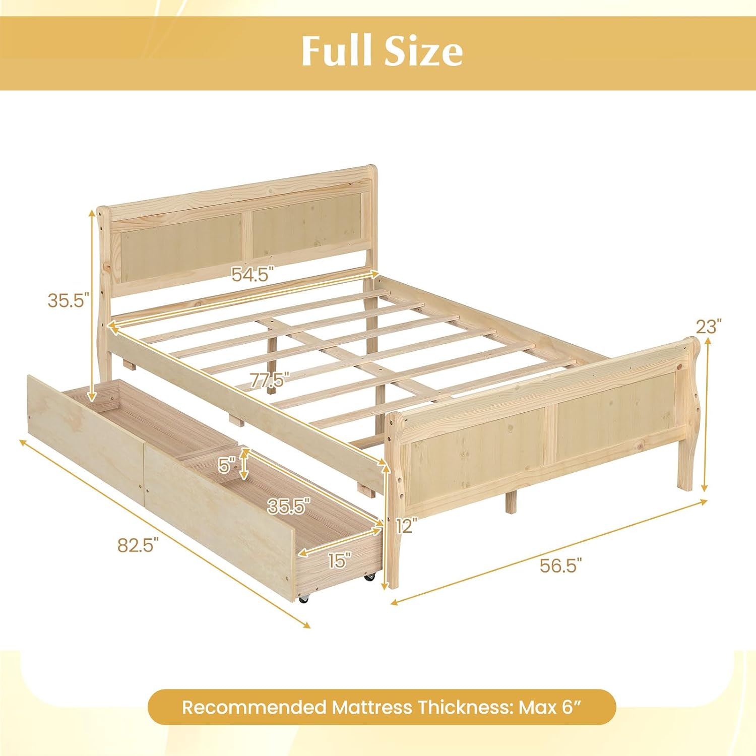 Giantex Full Bed Frame with 2 Storage Drawers, Wood Platform Bed with Headboard & Footboard, Wooden Slats Support Mattress Foundation, Sleigh Bedframe for Teens Adults, No Box Spring Needed (Natural)