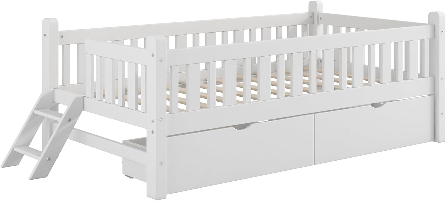 VilroCaz Twin Size Platform Bed with Guardrail and 2 Drawers, Wood Kids Platform Bed Frame with Two-Step Ladder for Boys Girls, Sturdy Slats Support (White-1.26)