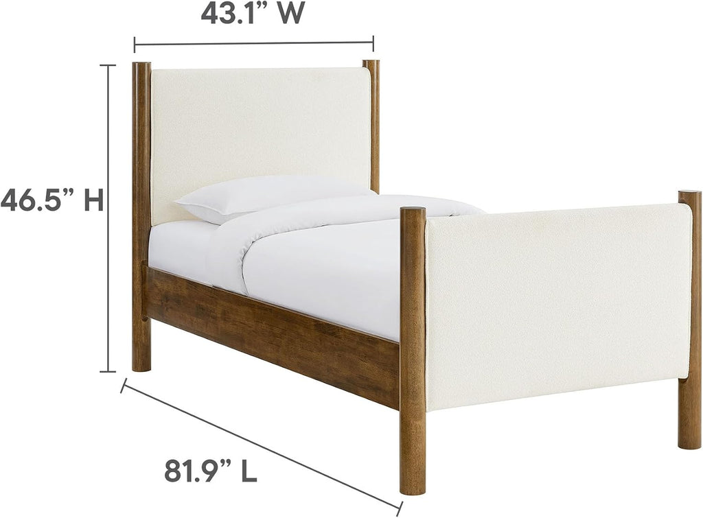 Modway Maven Twin Size Bed Frame in Feather Walnut with Upholstered Boucle Headboard and Footboard – Wood Twin Platform Bed Frame – No Box Spring Needed