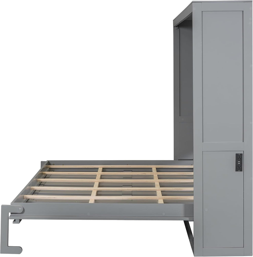 Harper & Bright Designs Queen Size Murphy Bed, Wooden Queen Murphy Wall Bed Frame with a Set of Sockets & USB Ports, Gray