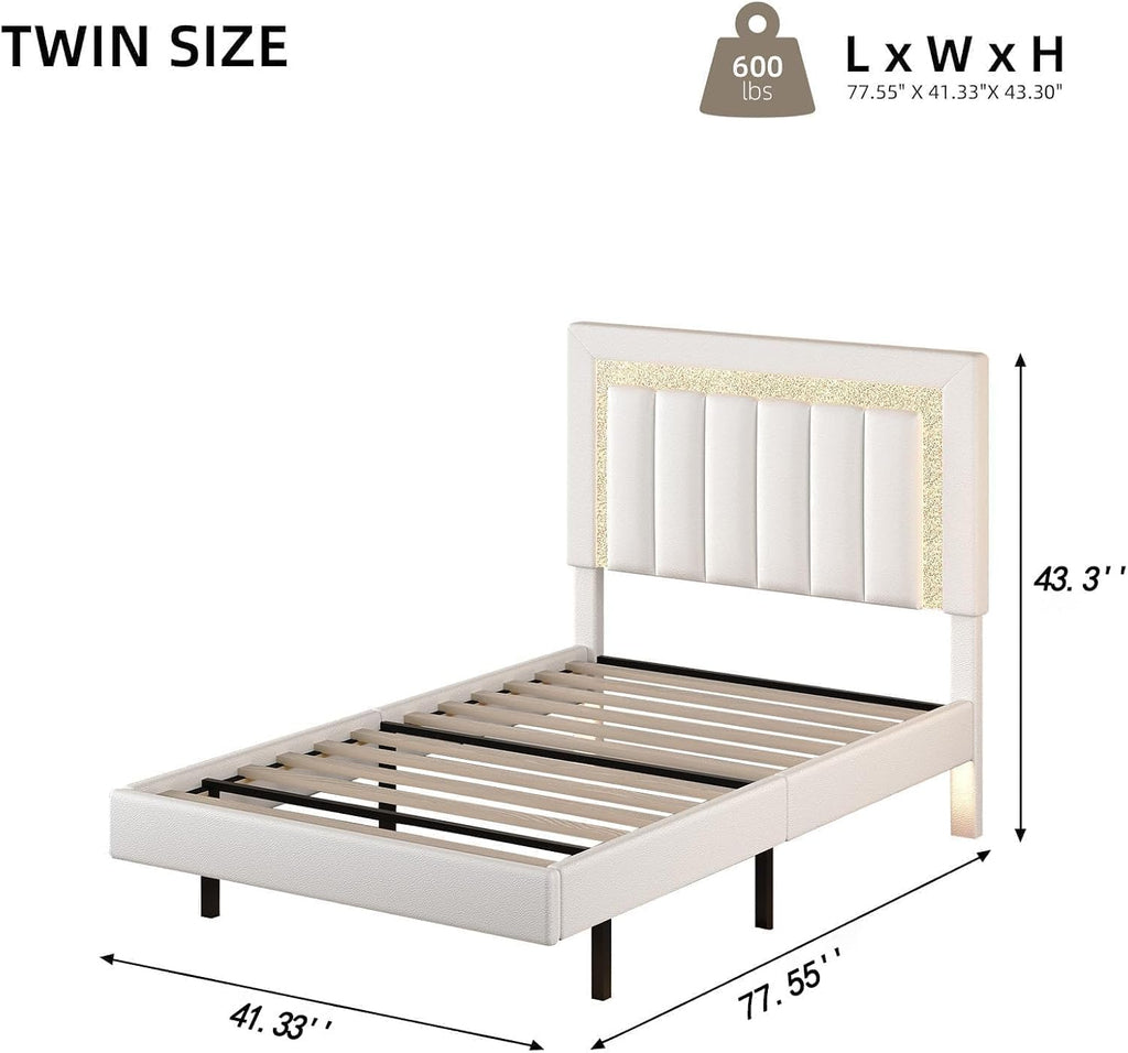 HOMBCK Floating Twin Bed Frame with Smart LED Lights, Faux Leather Upholstered Platform Bed with Diamond Headboard, No Box Spring Needed, Noise-Free, Easy Assembly, White