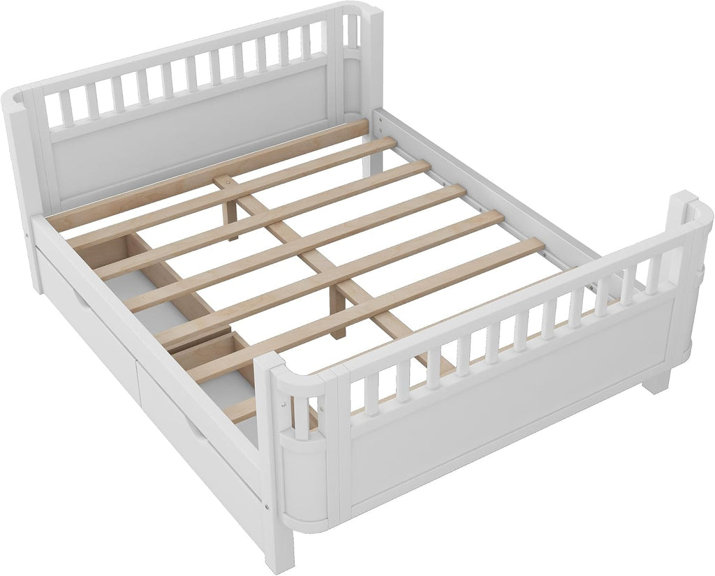 Full Kids Bed with Storage Drawers & Rails, Wood Low Montessori Beds with Detachable Side Rails & Slats, Modern Daybed for Boys Girls Bedroom, Kids Full Platform Bed, White