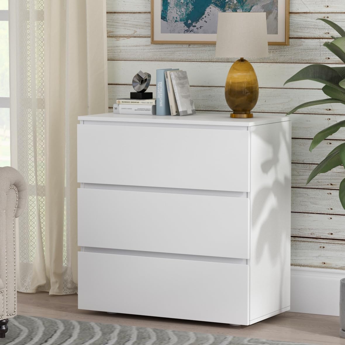Nightstand with 3 Drawers, Modern Bedroom End Table with No Handle, Wooden Bedside Storage Cabinet, White 30.3' W x 32.3' H