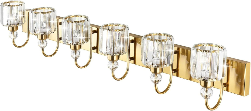 Ralbay Gold Crystal Vanity Lights for Bathroom 6-Lights Brass Gold Crystal Bathroom Vanity Lights Over Long Mirror Modern Crystal Bathroom Wall Lighting Fixtures