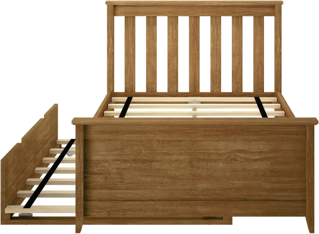 Max & Lily Classic Twin Bed, Slatted Headboard, with Trundle, Pecan