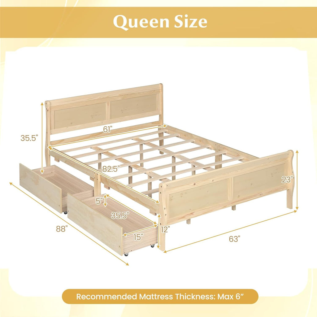 Giantex Queen Bed Frame with 2 Storage Drawers, Wood Platform Bed w/Headboard & Footboard, Wooden Slats Support Mattress Foundation, Sleigh Bedframe for Teens Adults, No Box Spring Needed (Natural)