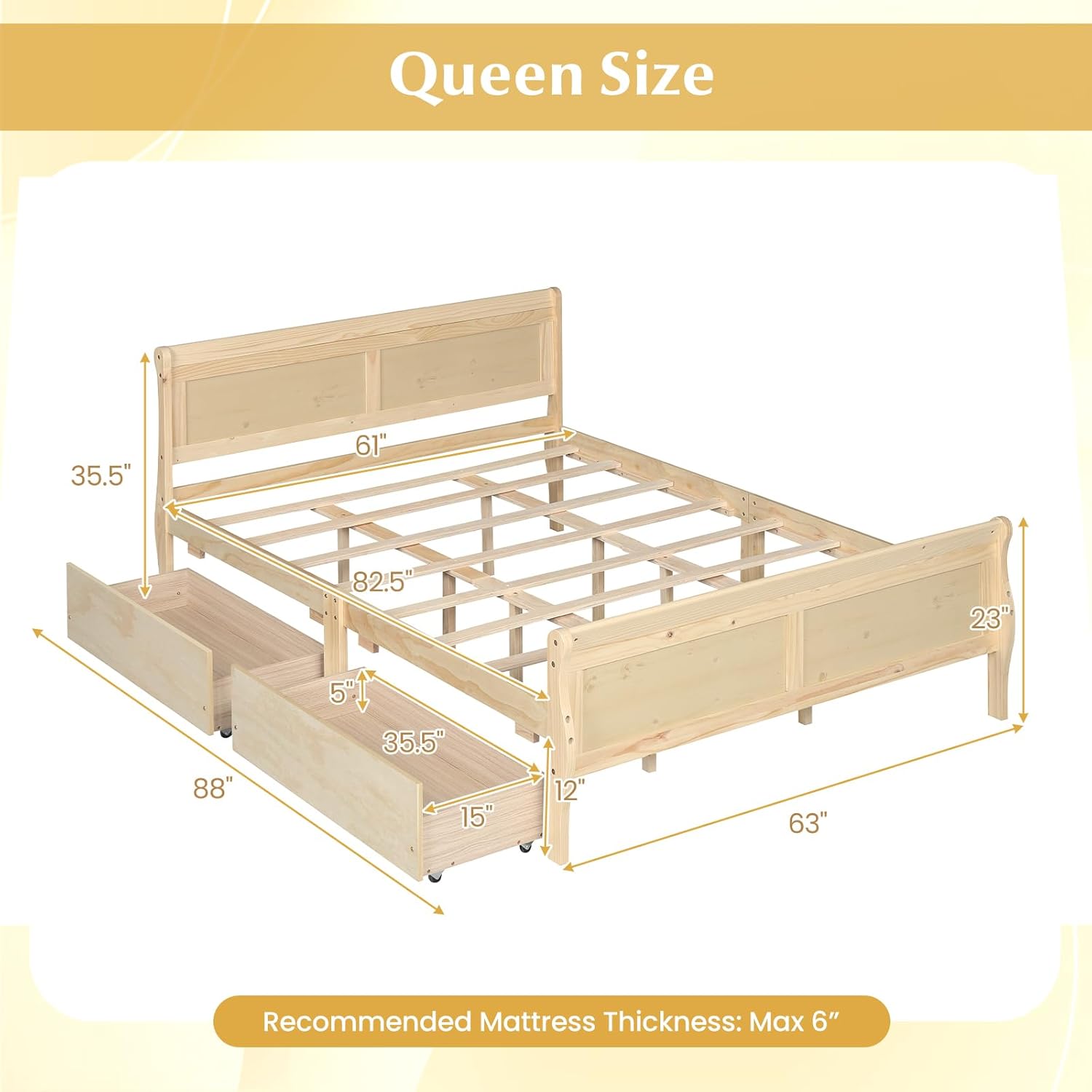 Giantex Queen Bed Frame with 2 Storage Drawers, Wood Platform Bed w/Headboard & Footboard, Wooden Slats Support Mattress Foundation, Sleigh Bedframe for Teens Adults, No Box Spring Needed (Natural)