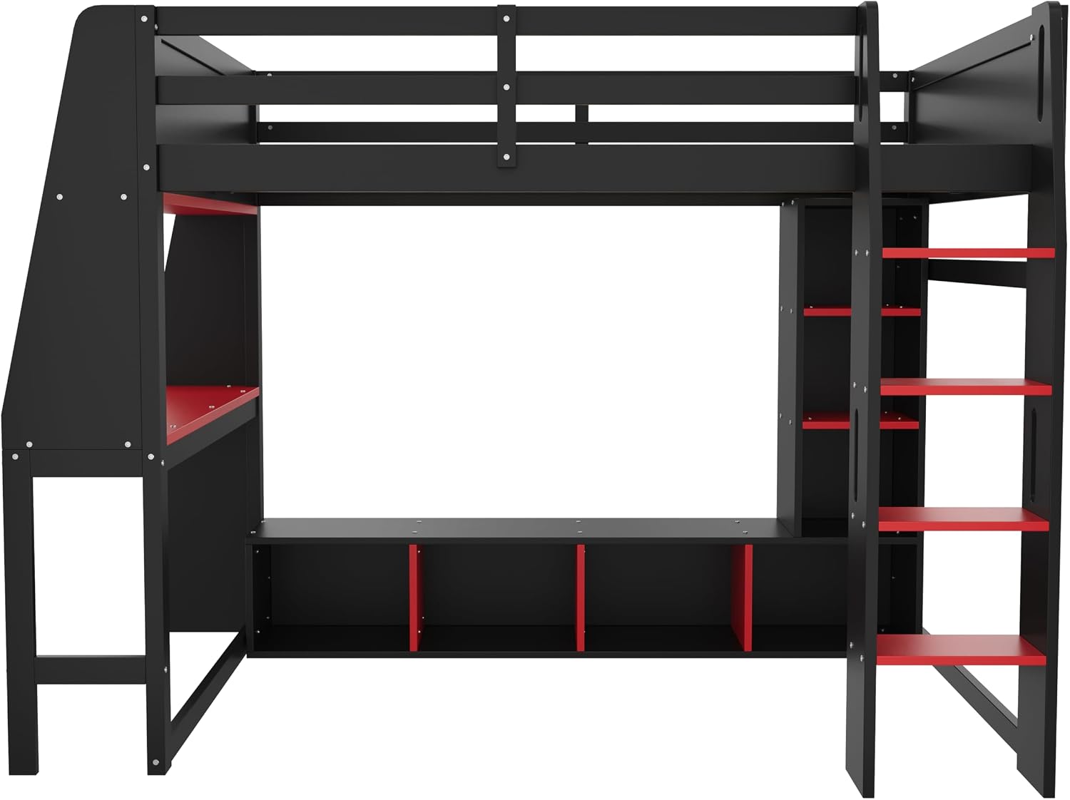 SOFTSEA Full Size Gaming Loft Bed with Desk and LED Lights, Wood Loft Bed Frame with Storage Shelves, Open Wardrobe, Full Gaming Loft Bed with Desk for Kids Teens Gamers, Red + Black