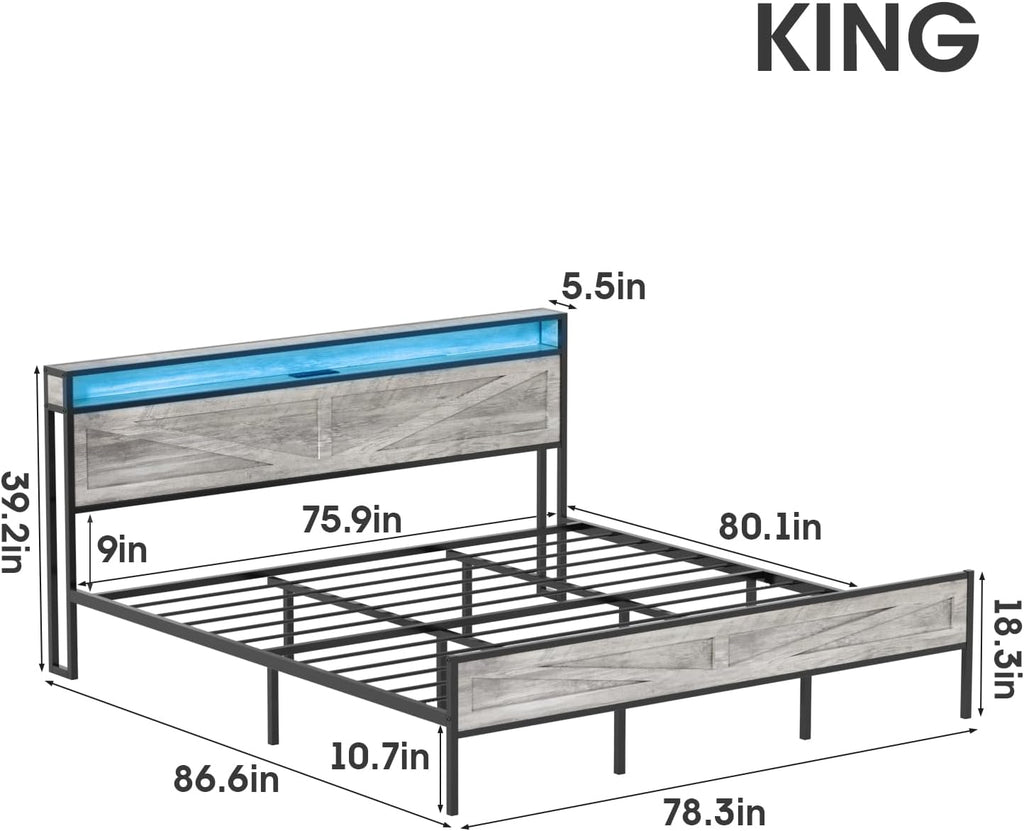 Halitaa LED King Size Bed Frame with Charging Station, Platform Metal Bed with Headboard Storage & USB Ports Outlets, Farmhouse Bed Frame with Lights for Bedroom, Noise Free, Wash Grey (King)