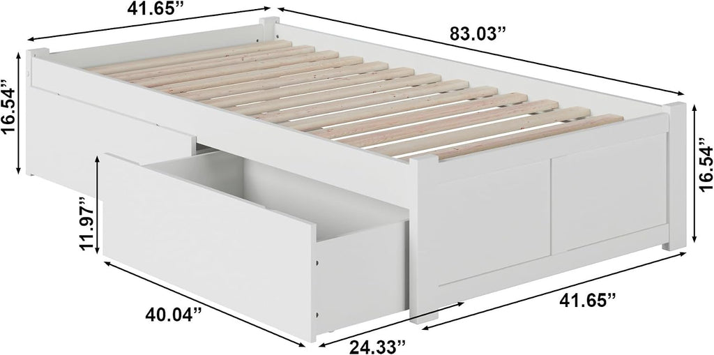 AFI Concord Twin XL Size Platform Bed with Footboard & Storage Drawers in White