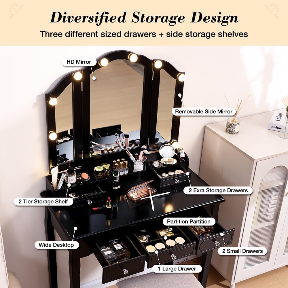 BLEXA Makeup Table Set Desk&Stool, Vanity Desk with Lights and Mirror Vanity Table Set with 5 Drawers, 3Light Settings Adjustable Brightness for Bedroom Dorm and Dressingroom(Black)