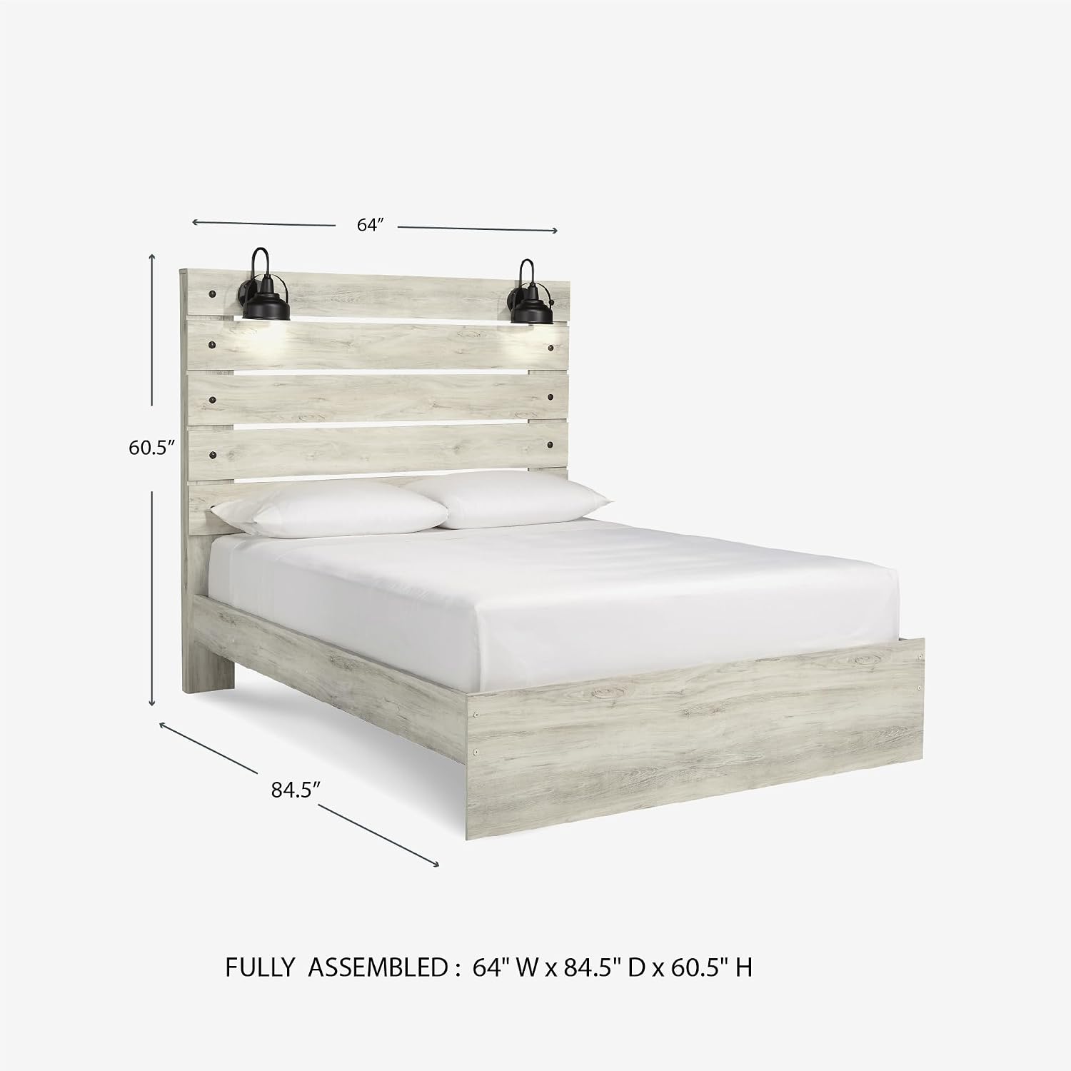 Signature Design by Ashley Cambeck Farmhouse Queen Panel Bed with LED Sconce Lights and USB Charging Ports, Open Slat Styling, Foundation or Box Spring Needed, Wood, Whitewash Finish
