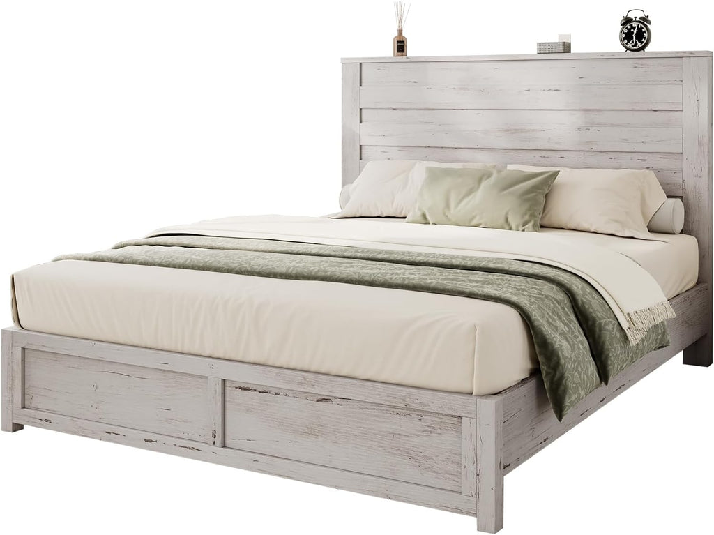 Albott Full Size Farmhouse Bed Frame with 49' Headboard, Platform Bed Frame with Wood Slats Support/No Box Spring Needed/Easy Assembly, Distressed White