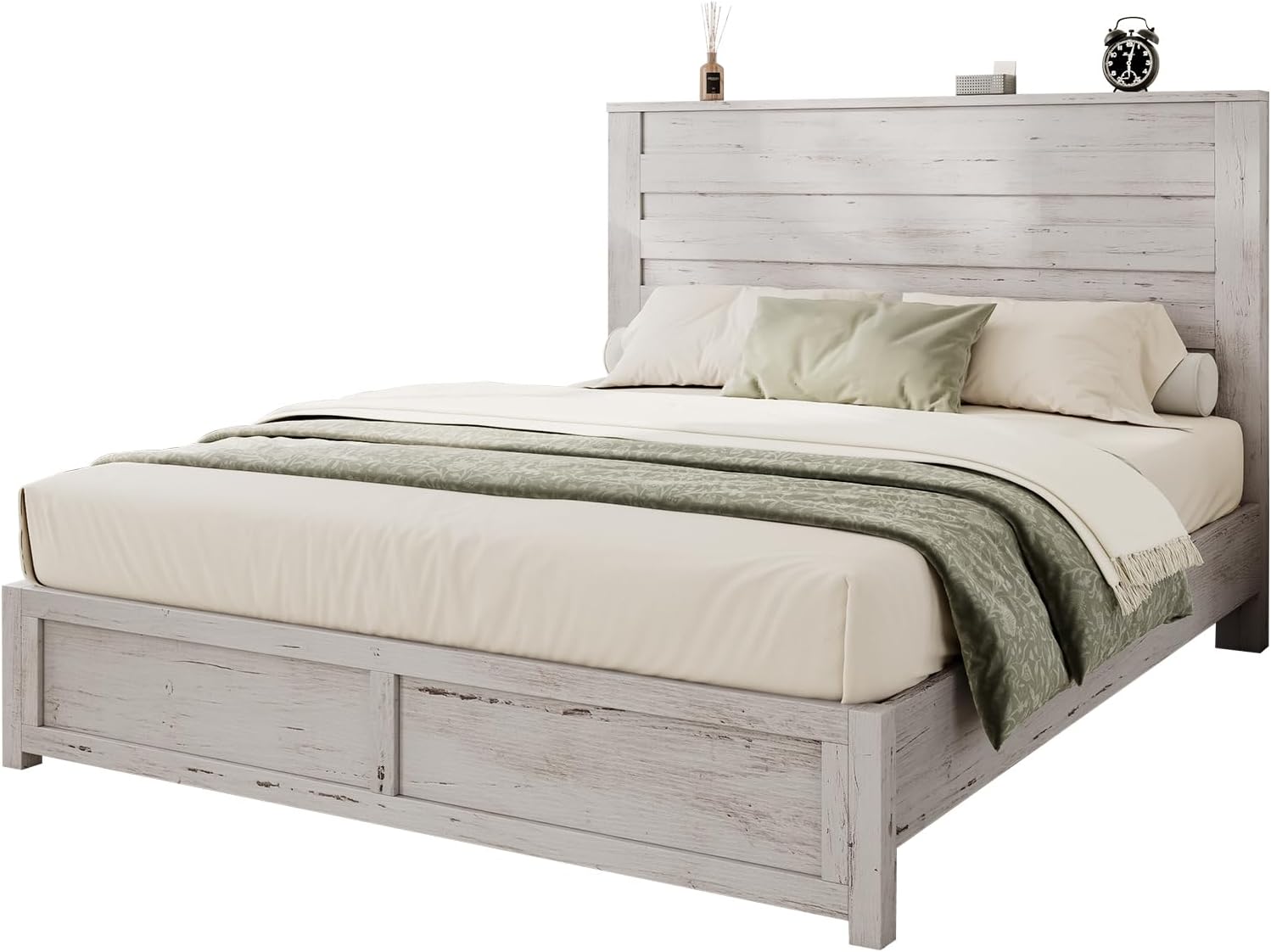 Albott Farmhouse Queen Size Bed Frame with 49' Slatted Headboard, Platform Bed with Wood Slat Support/No Box Spring Needed/Easy Assembly, Distressed White