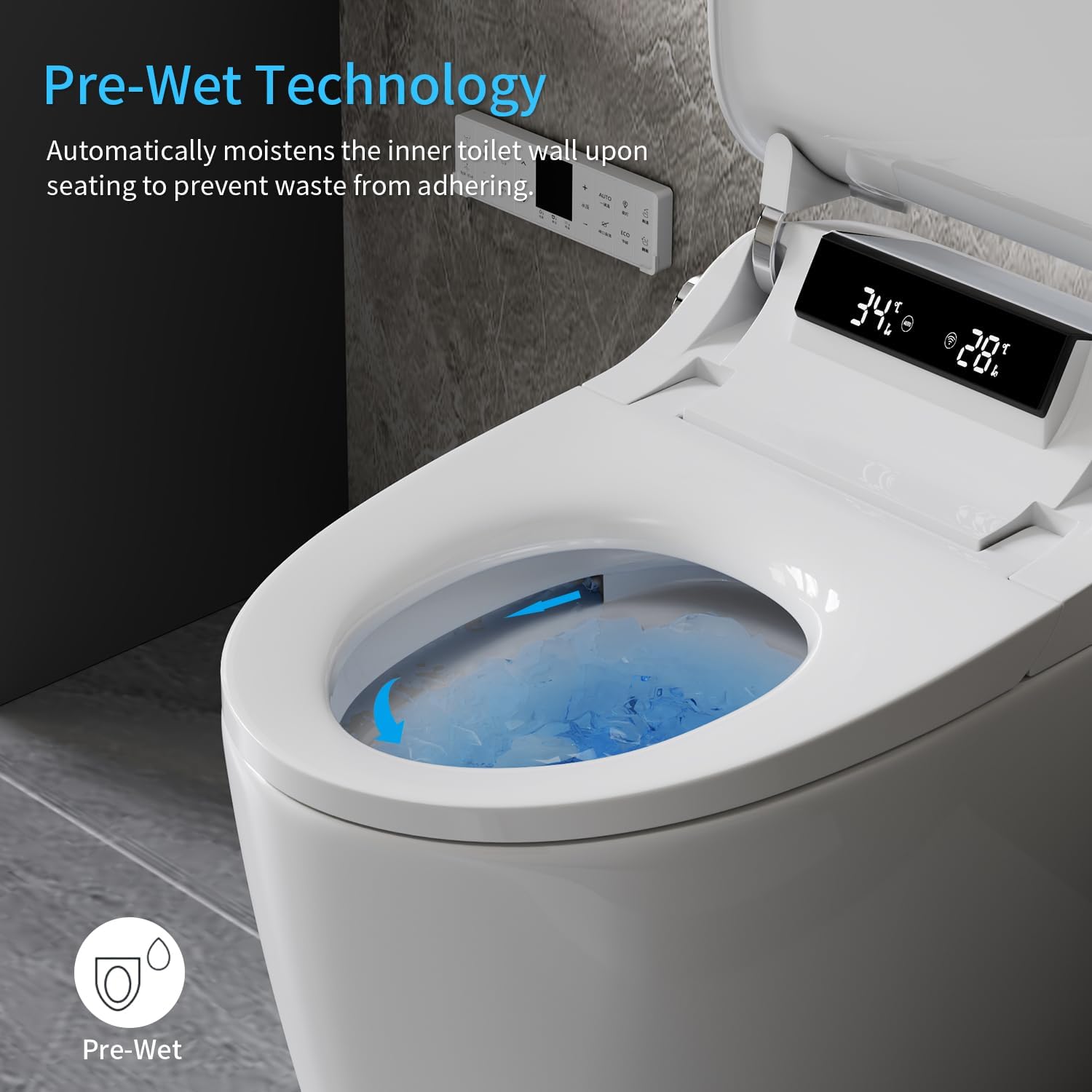 Smart Toilet with Elongated Bidet, Auto Open & Close, Auto Flush,Warm water massage, Heated Seat,Movement Drying, Night Light, Wireless Remote Control.
