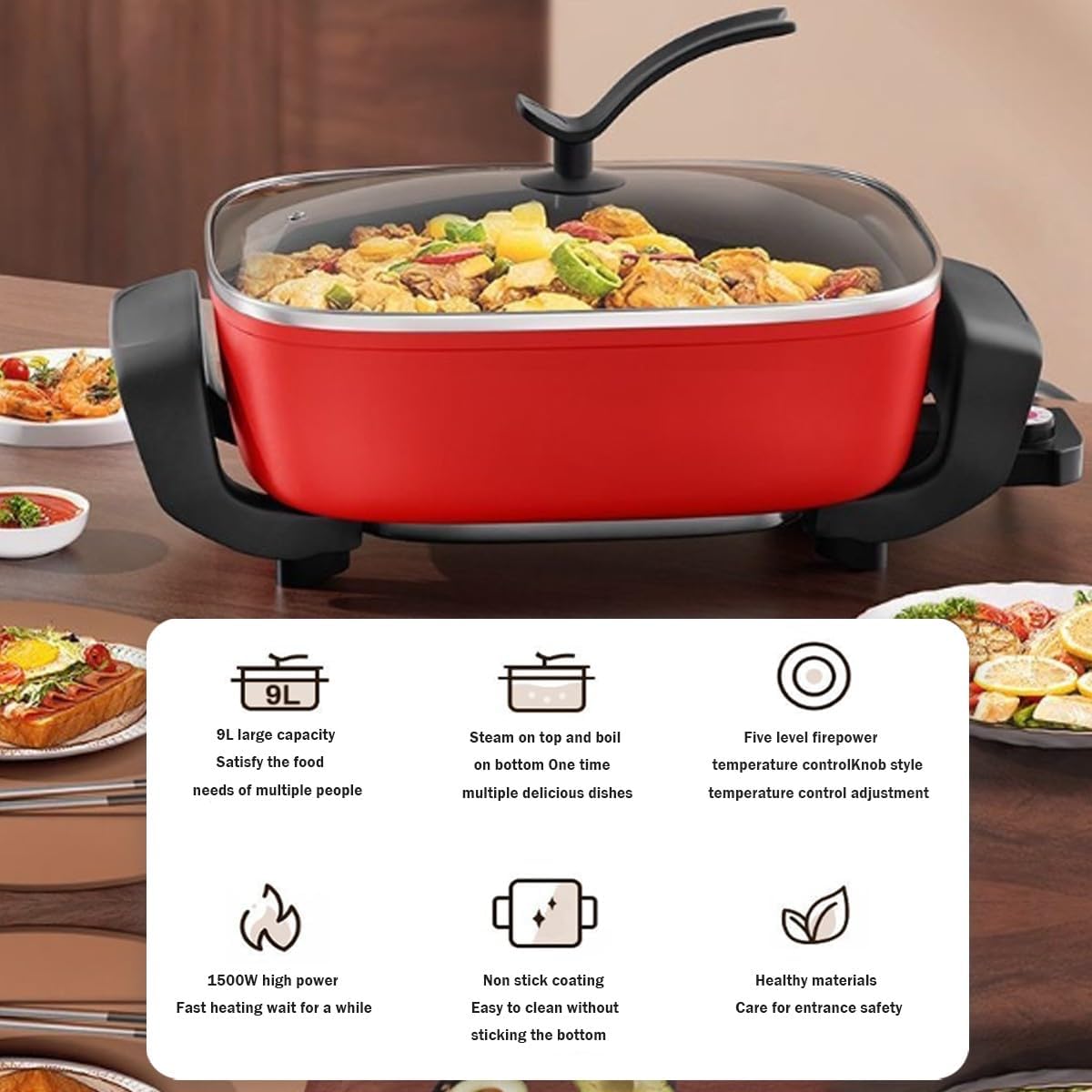Electric Flat Top Grill, Electric Griddle, Flattop Grills Indoor Safely Washable, Suitable for Frying Grilling Stir Frying(red,30 * 30 * 6)