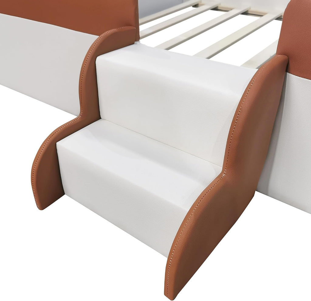 VilroCaz Full Size Upholstered Daybed Frame with Fence and Stairs, Montessori Kids Floor Bed with Sturdy Slat Support for Kids Boys Girls (Brown+Full)