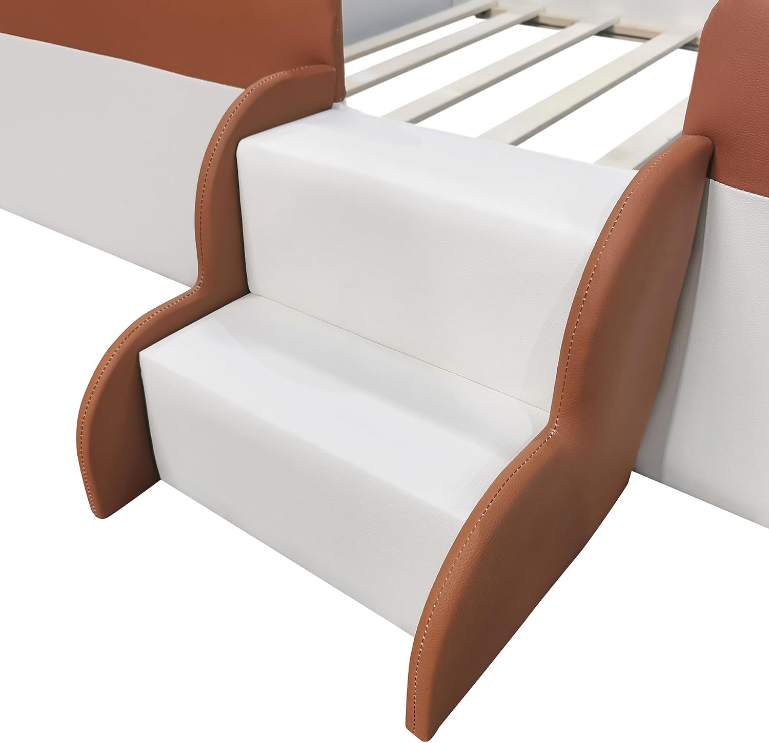 VilroCaz Full Size Upholstered Daybed Frame with Fence and Stairs, Montessori Kids Floor Bed with Sturdy Slat Support for Kids Boys Girls (Brown+Full)