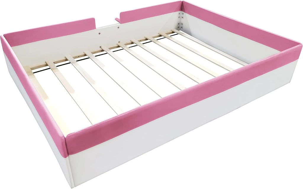 VilroCaz Queen Size Upholstered Daybed Frame with Fence and Stairs, Montessori Kids Floor Bed with Sturdy Slat Support for Kids Boys Girls