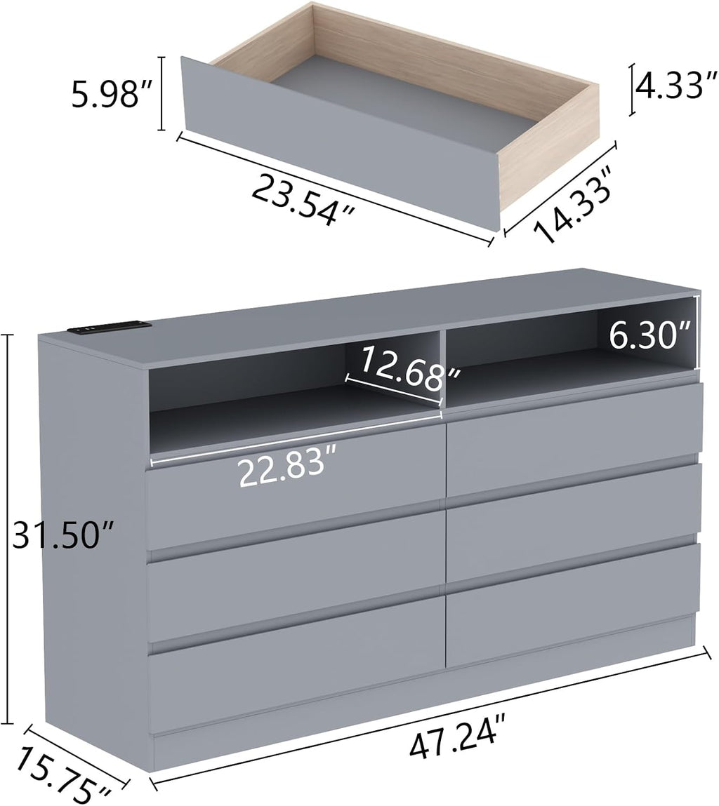 Gyfimoie 6 Drawers Dresser with Power Outlet, Accent Chests of Drawers with LED Light, Modern Storage Dresser for Bedroom, Living Room