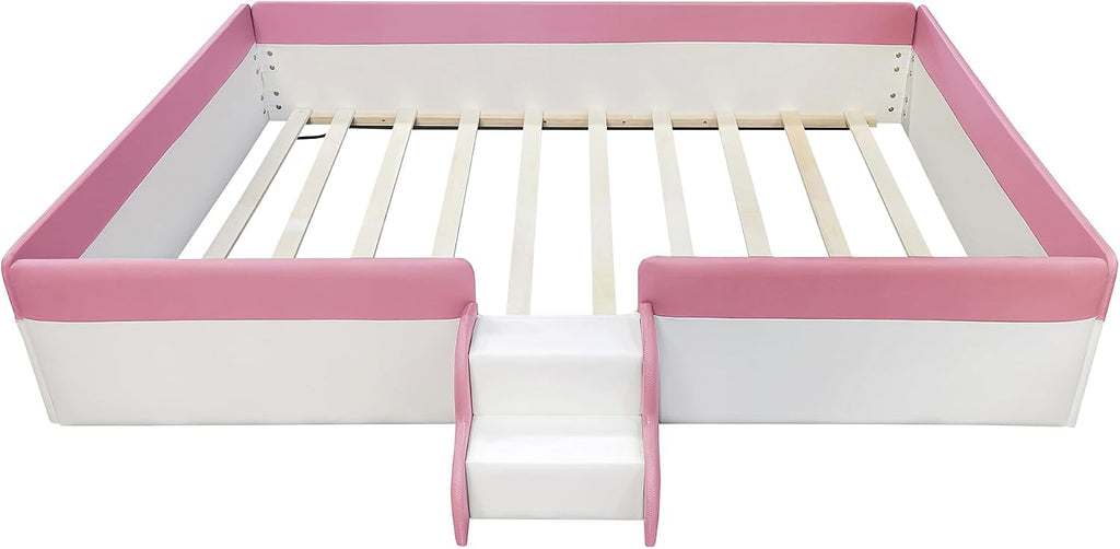 VilroCaz Full Size Upholstered Daybed Frame with Fence and Stairs, Montessori Kids Floor Bed with Sturdy Slat Support for Kids Boys Girls