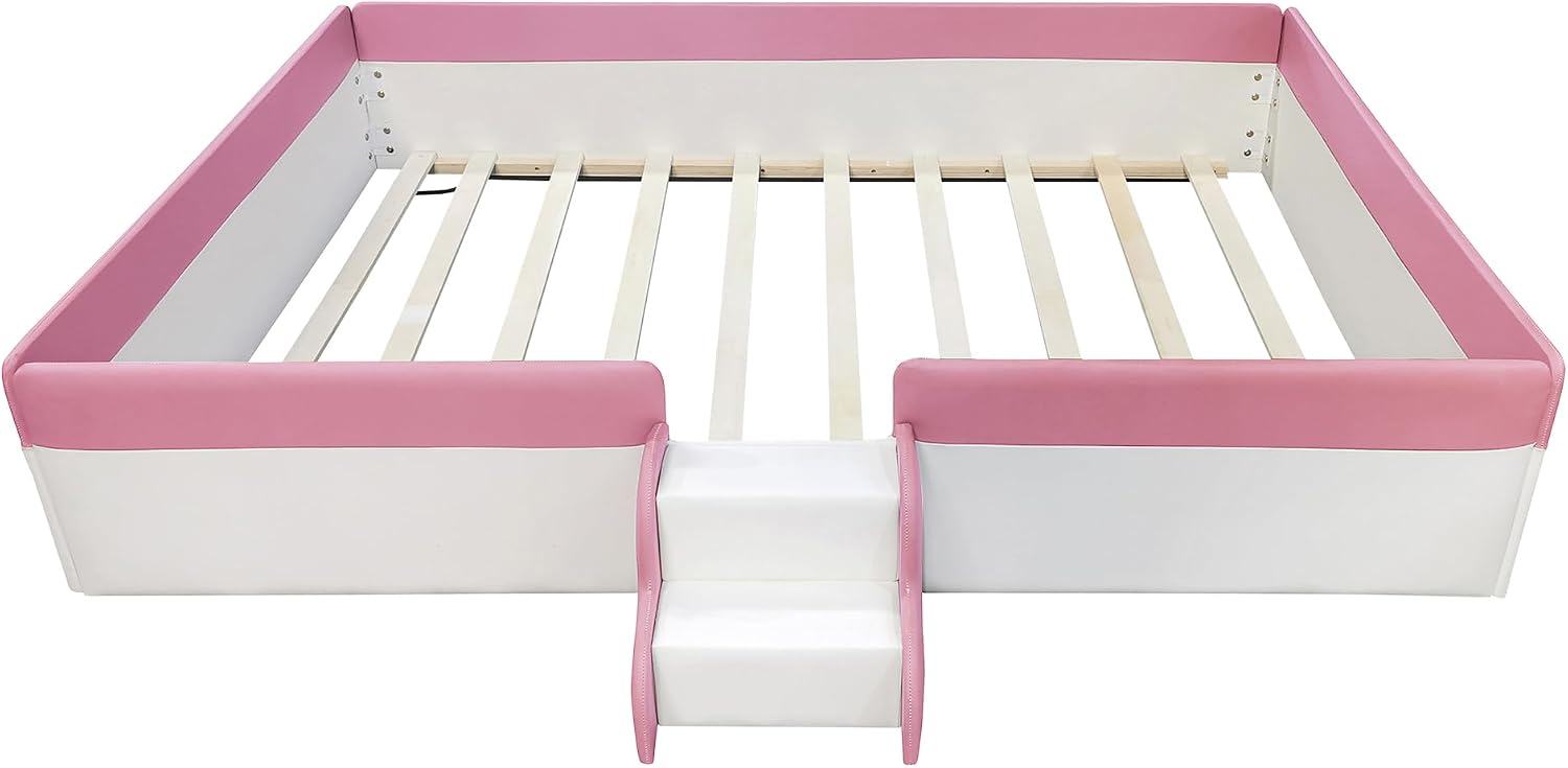 VilroCaz Full Size Upholstered Daybed Frame with Fence and Stairs, Montessori Kids Floor Bed with Sturdy Slat Support for Kids Boys Girls
