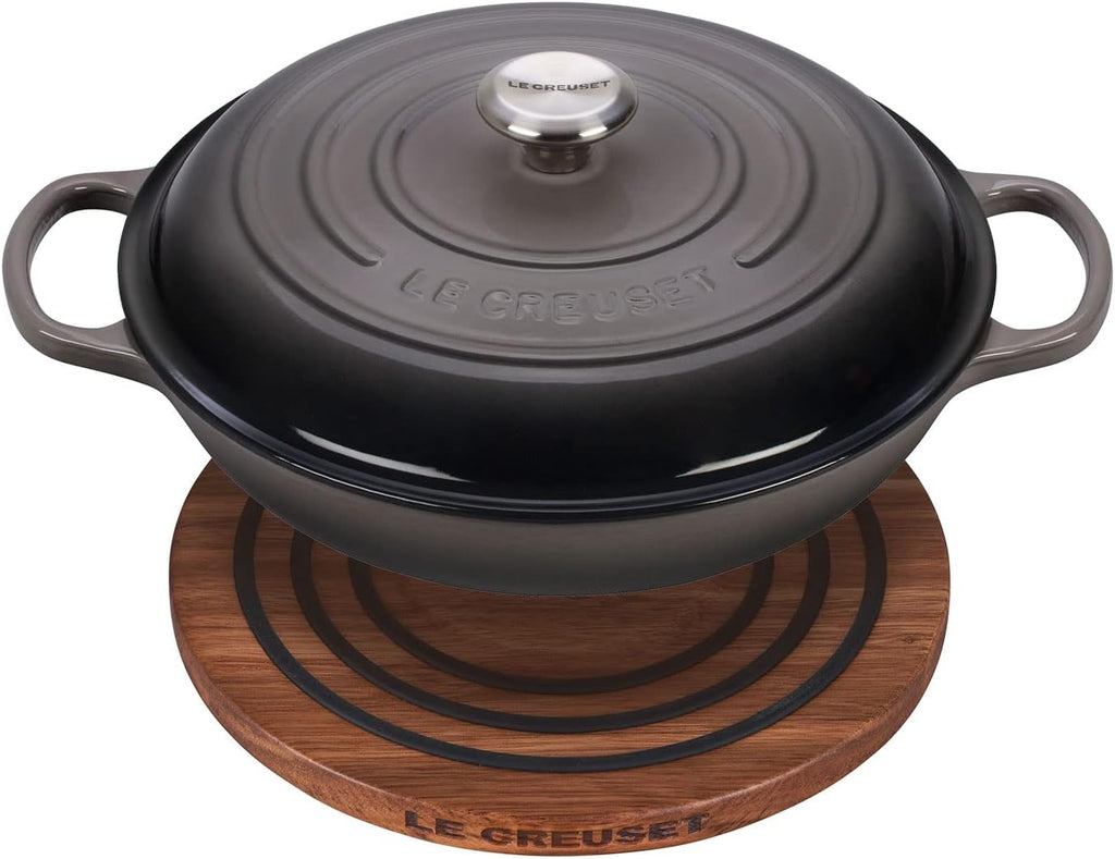 Le Creuset 3 1/2 qt. Signature Cast Iron Braiser Bundle with Magnetic Wooden Trivet - Oyster