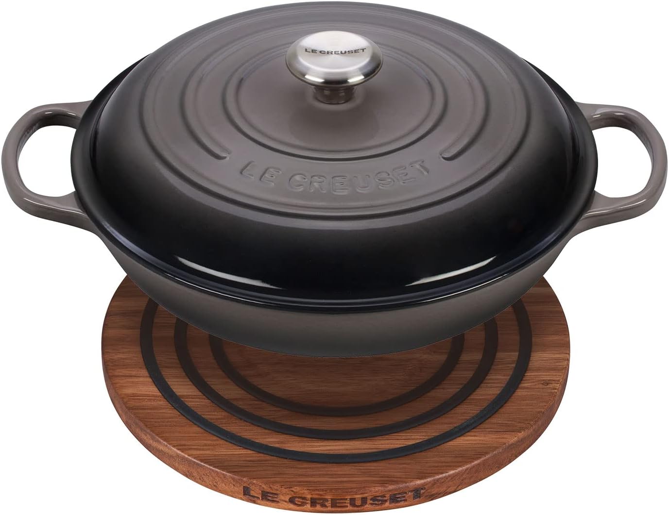 Le Creuset 3 1/2 qt. Signature Cast Iron Braiser Bundle with Magnetic Wooden Trivet - Oyster