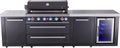 Mont Alpi Premium 119'W x 23'D Black Stainless Steel Outdoor Kitchen Island with Refrigerator + 44'W 6-Burner BBQ Grill + Granite Countertops + Storage Cabinets + Chopping Board + Rotisserie + Cover