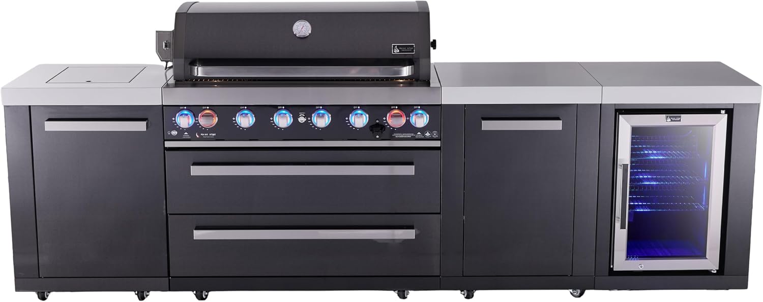 Mont Alpi Premium 119'W x 23'D Black Stainless Steel Outdoor Kitchen Island with Refrigerator + 44'W 6-Burner BBQ Grill + Granite Countertops + Storage Cabinets + Chopping Board + Rotisserie + Cover